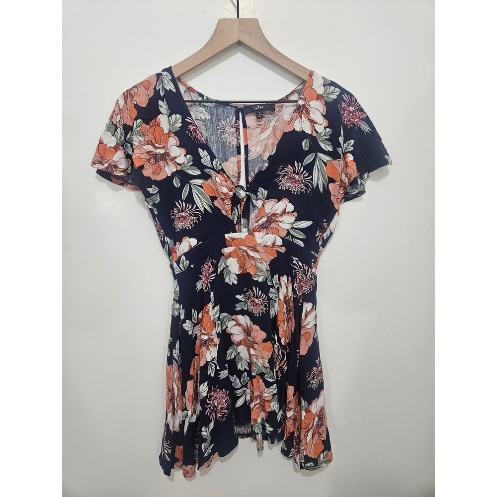 Lulus‎ Navy Blue Floral Tie Front Mini Dress DE22168HL Small Summer Boho V-Neck
